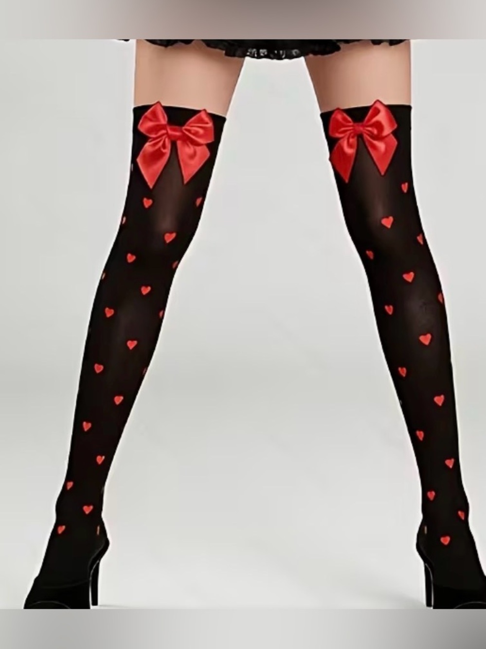 Red Heart-Print Black Thigh High Socks with Red Bow - Picture 3 of 7